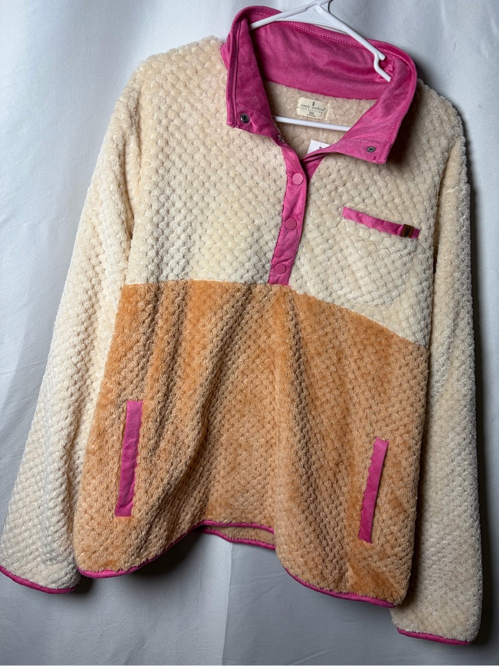 Cozy Colorblock Fleece Pullover Sweater - Pink, Cream & Tan